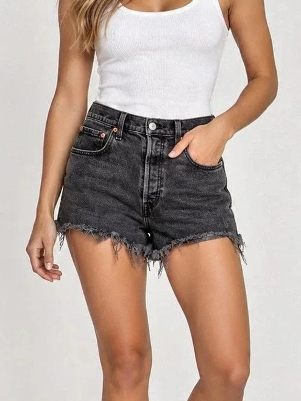 Levi's Ribcage High Rise Distressed Black Denim Shorts Size 31